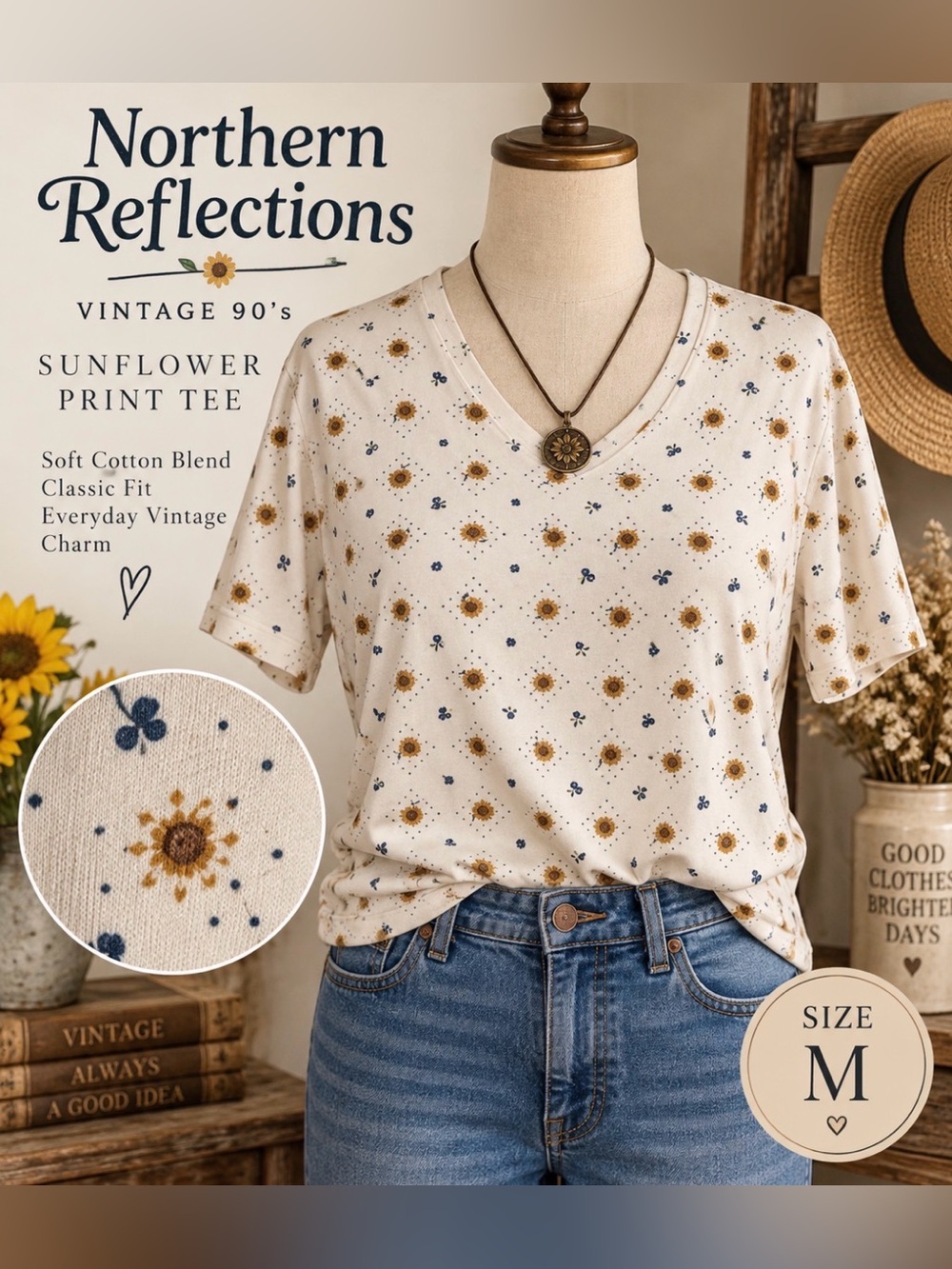 Northern Reflections - vintage 90s - Cream V-Neck Sunflower Print Tee